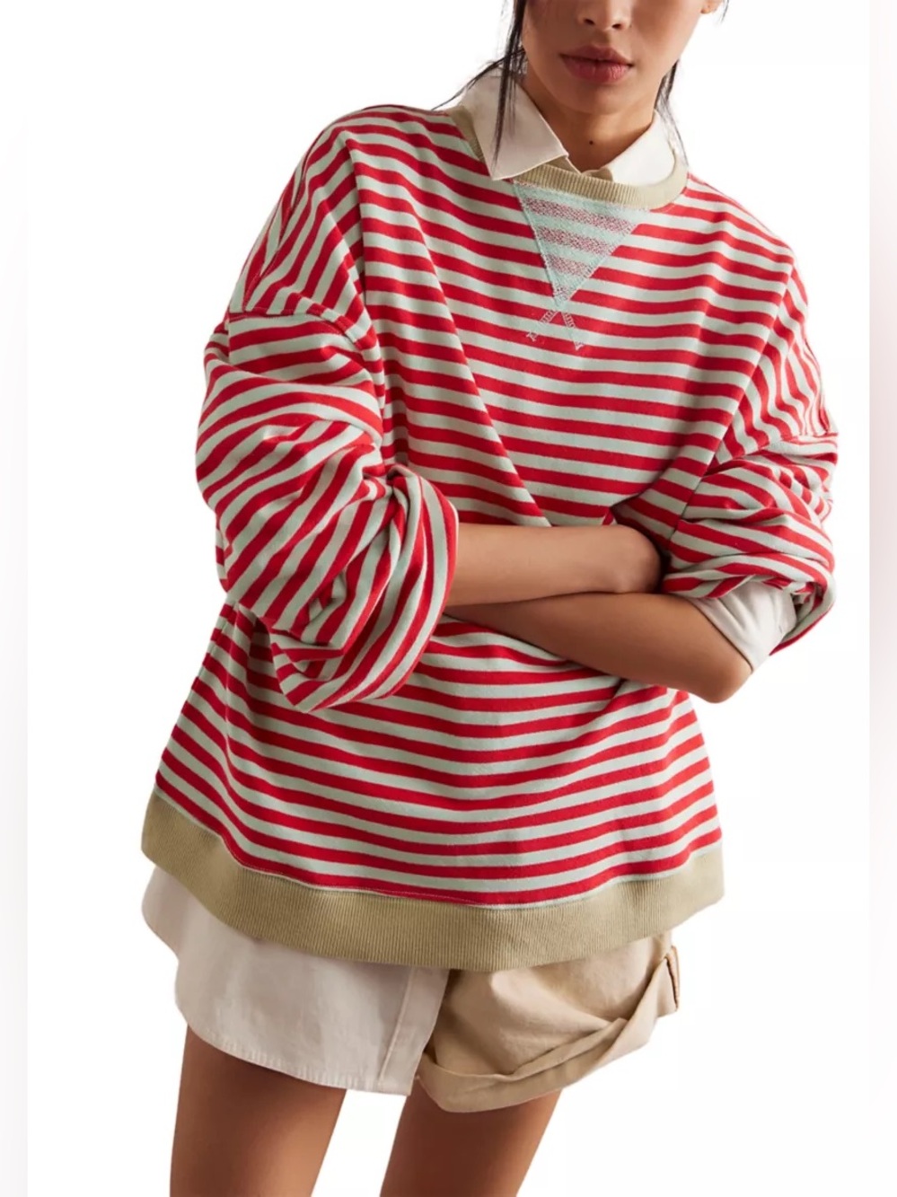 Free People Classic Striped Oversized Crewneck - Cherry Combo - X-Small